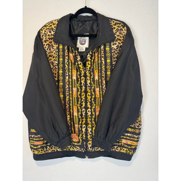 Vtg Womens Sz L Silk Bomber Jacket Black Gold Chains Leopard Full Zip - Picture 1 of 5